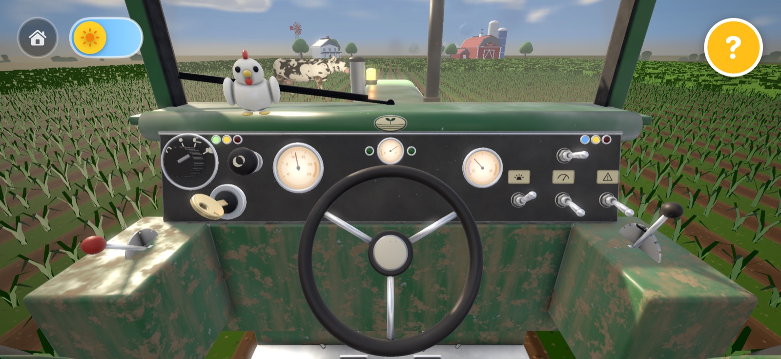 The tractor's cab on iPhone, with a cow wandering across the field ahead