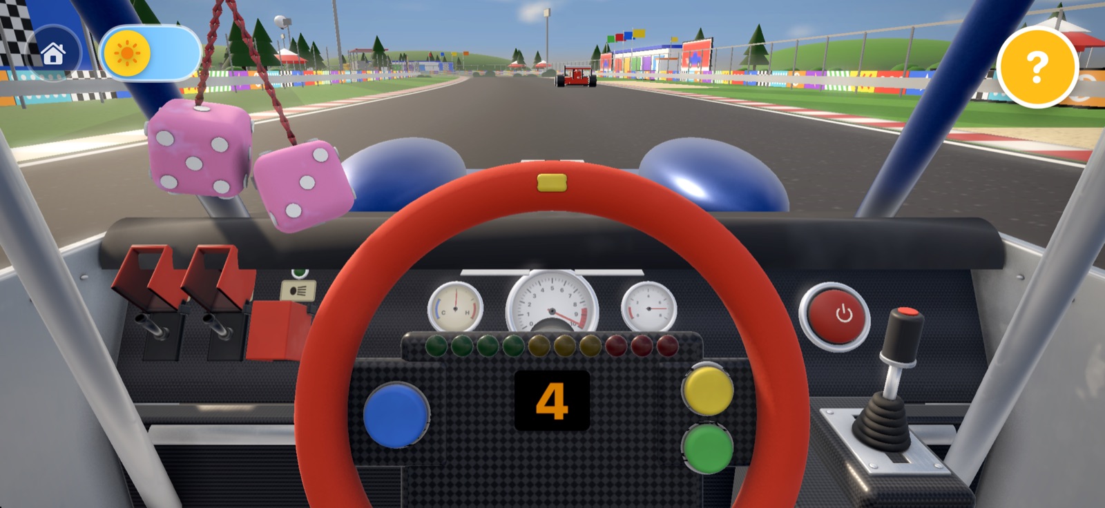 The race car's cockpit on iPhone, chasing a rival car down the straight